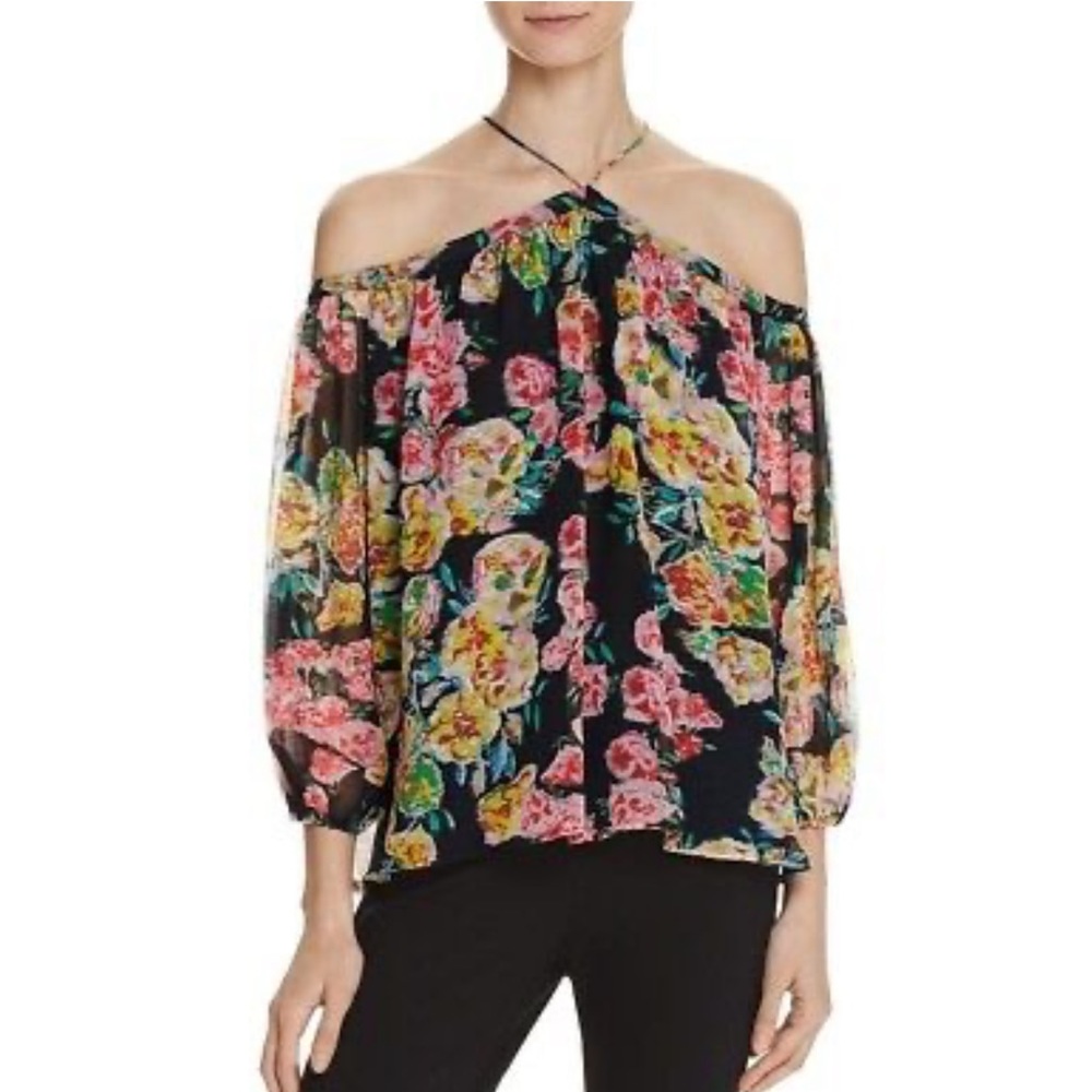 ELLA MOSS Black Floral Print Cold Shoulder Top, NWT, Small, Reg. $168.00